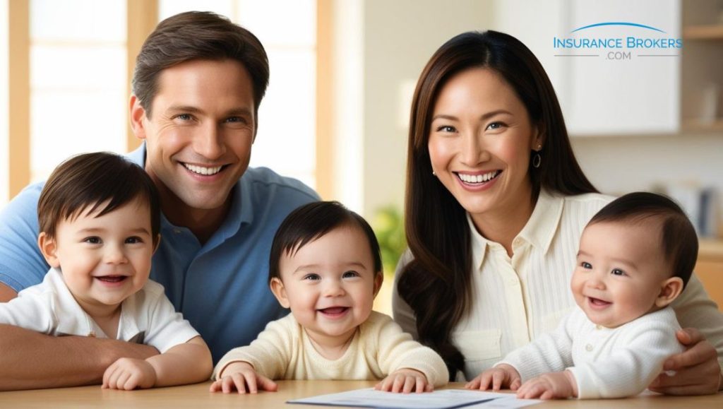 Secure Your Family’s Future with Life Insurance – InsuranceBrokers.com A smiling mother and father with their three infants, highlighting how life insurance from InsuranceBrokers.com can protect growing families.