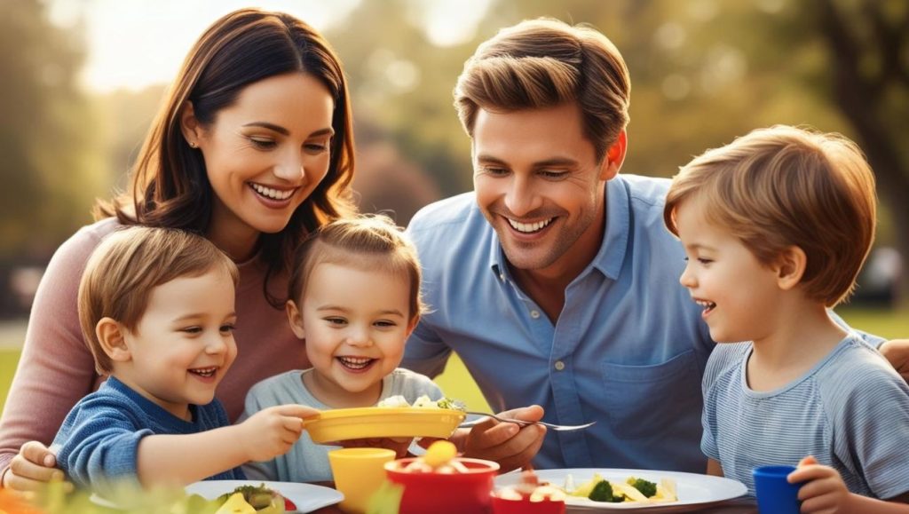 Family Living Securely Under Life Insurance Protection Smiling parents and three young children enjoying an outdoor meal, illustrating the security and happiness a life insurance policy can provide.