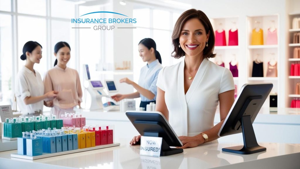 Retail business owner inside insured boutique with staff and customers. Retail Insurance.