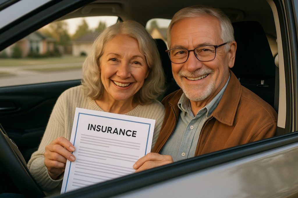 Seniors reviewing auto insurance policy in parked car