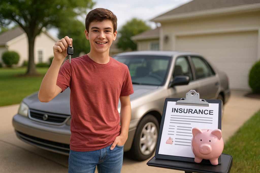 een driver with car insurance documents and piggy bank