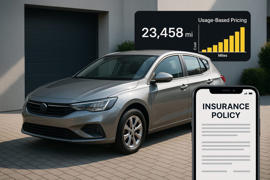 Gray car with usage-based pricing and insurance policy.
