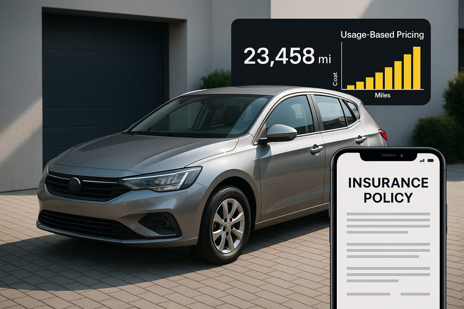 Gray car with usage-based pricing and insurance policy.