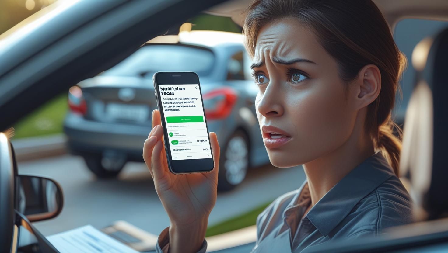 Concerned woman checking insurance on cell phone in parked car.