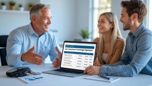 Insurance broker helping clients compare affordable car insurance quotes without sacrificing coverage