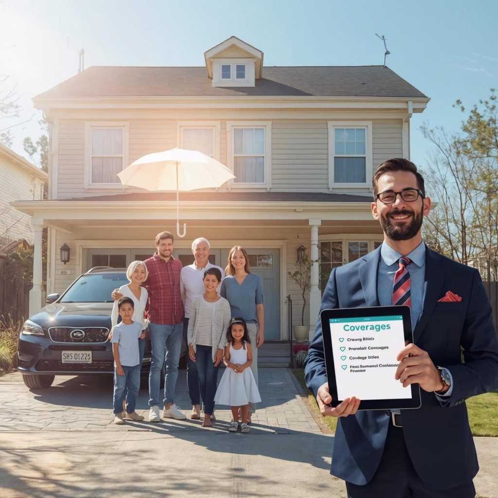 Family stands with insurance agent in front of house.
